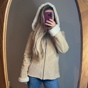 Sonoma Women's Suede & Faux Fur Cream Teddy Jacket with Hood
